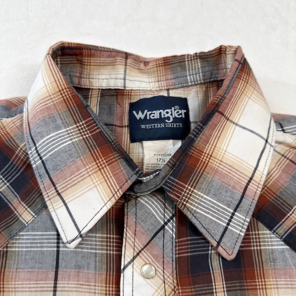 Wrangler Western Shirt Mens 17.5 XL Brown Plaid Good Pearl Snap Short Sleeve - Picture 4 of 9